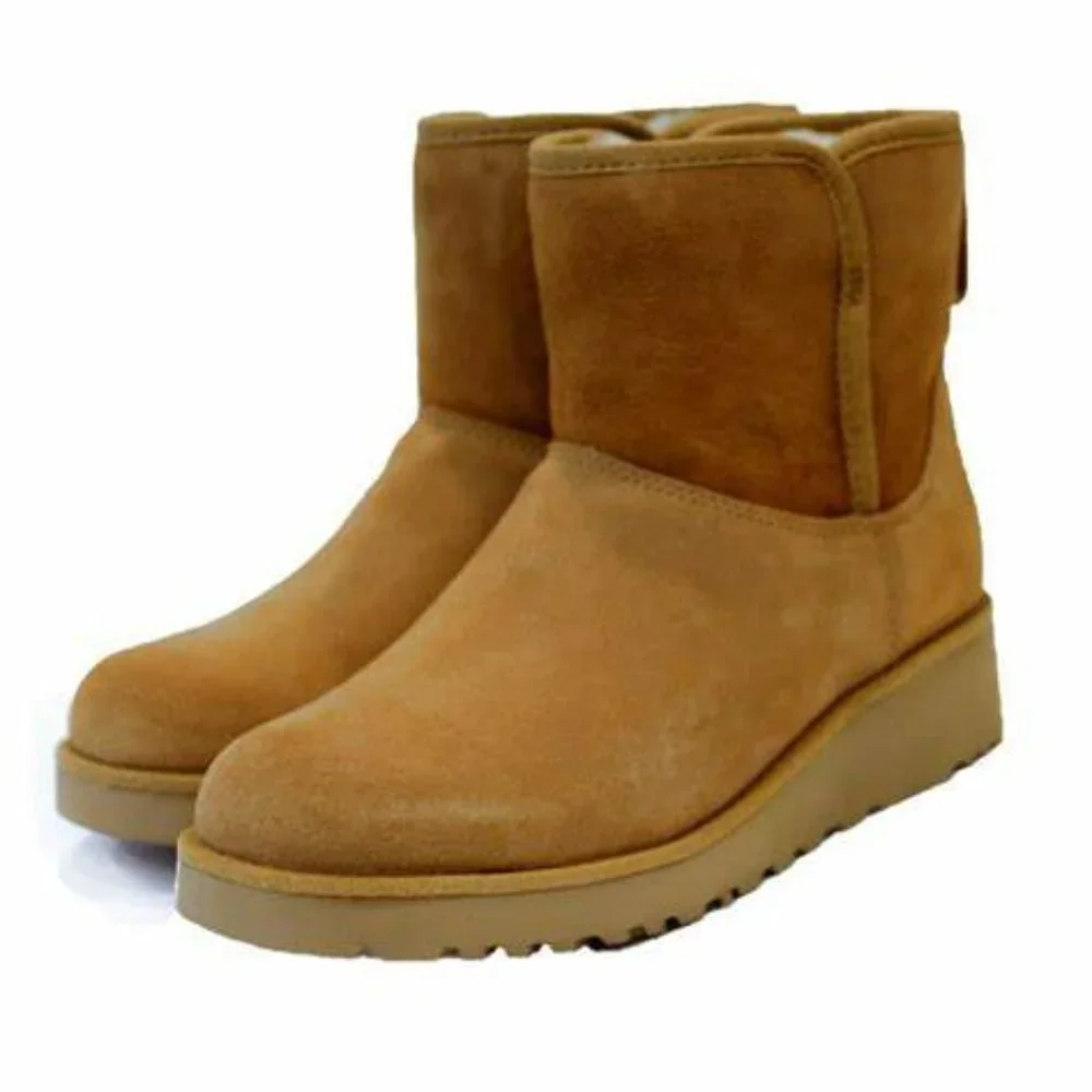 NIB UGG MINI SUEDE‎ SHEARLING LINED WEDGE CLASSIC SLIM BOOTS CHESTNUT